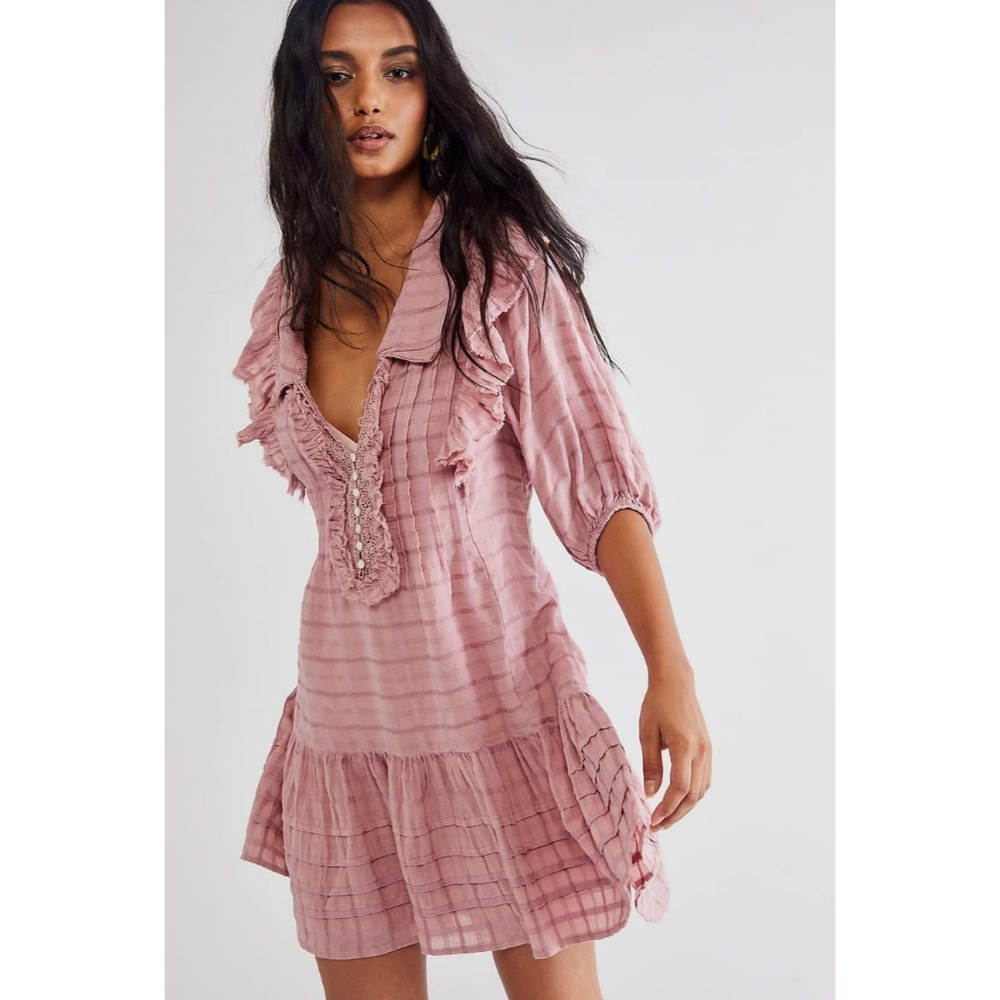 Free People Elora Pink Ruffle Mini Dress 💗